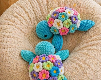 Gehaakt bloemenschildpadpatroon, digitale amigurumi bloemschildpad pdf, schattige zeeschildpad knuffel, instant download DIY cadeau-idee