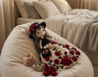 Modello all'uncinetto per bambola con abito bianco e rosa rossa, elegante bambola amigurumi in PDF, regalo romantico fatto a mano, guida tutorial fai da te all'uncinetto