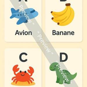 Peut inclure: Cartes éducatives avec les lettres A, B, C et D. Chaque carte présente une illustration colorée et le mot correspondant en français : un avion (Avion), des bananes (Banane), un crabe (Crabe) et un dinosaure (Dinosaure).