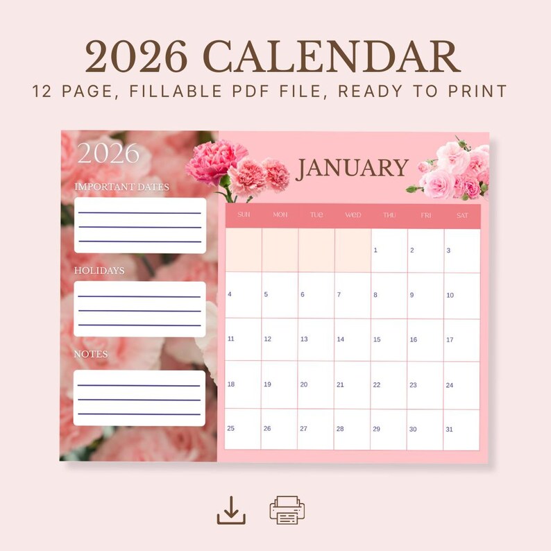 2026 Floral Calendar Printable, Pink Carnation Design - Etsy