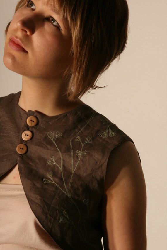 Items similar to Vest with stitched detail brown linen cropped on Etsy