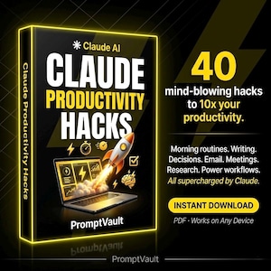 Può includere: Copertina di un libro con il titolo "CLAUDE PRODUCTIVITY HACKS" in testo bianco e giallo. La copertina presenta un razzo che parte da un laptop, con il testo "40 trucchi strabilianti per moltiplicare per 10 la tua produttività."