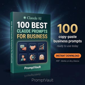 以下が含まれることがあります： 「100 BEST CLAUDE PROMPTS FOR BUSINESS」というタイトルと「100個のコピー＆ペーストビジネスプロンプトを今すぐ使える」というテキストが書かれた、緑色の本の表紙。表紙は、金色の文字とアイコンでデザインされています。本は「PromptVault」と表示されています。