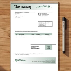 Excel invoice template – Small businesses & standard taxation | Automatic calculation | §19 VAT Act | Print-ready | German | Eucalyptus