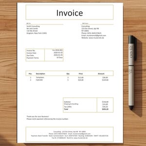 May include: A white invoice with the title "Invoice" in a bold font. The document includes details such as invoice number, date, and payment terms. A black pen rests on the right side of the paper, on a wooden surface.