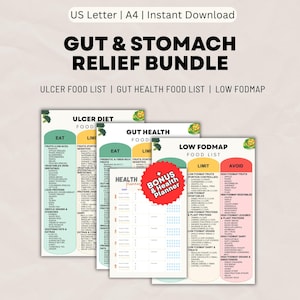 Gut Support Food List Bundle Printable 3-in-1 | Ulcer-Friendly, Gut Health & Low FODMAP Diet Charts PDF