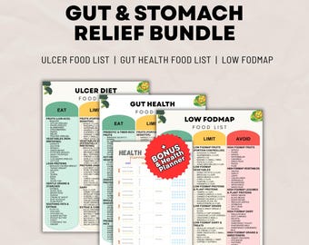 Gut Support Food List Bundle Printable 3-in-1 | Ulcer-Friendly, Gut Health & Low FODMAP Diet Charts PDF