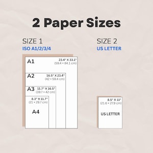 Puede incluir: Imagen que muestra dos opciones de tama&ntilde;o de papel. El tama&ntilde;o 1 incluye los tama&ntilde;os ISO A1/2/3/4, con dimensiones en pulgadas y cent&iacute;metros. El tama&ntilde;o 2 muestra el tama&ntilde;o de papel US Letter, con dimensiones de 21,6 x 27,9 cm.