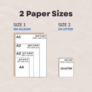 May include: An image showing two paper size options. Size 1 includes ISO A1/2/3/4 paper sizes with dimensions in inches and centimeters. Size 2 shows US Letter paper size, with dimensions of 8.5" x 11" (21.6 x 27.9 cm).