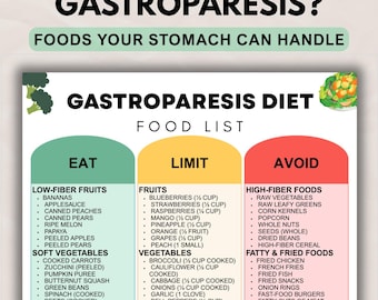 Gastroparesis Diet Food List Printable, Slow Digestion Support & Easy Digest Foods Guide, Foods to Eat Limit Avoid Meal Chart PDF