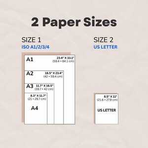 May include: An image showing two paper size options. Size 1 includes ISO A1/2/3/4 sizes, with A1 measuring 23.4" x 33.1". Size 2 is US Letter, measuring 8.5" x 11". The text "2 Paper Sizes" is at the top.
