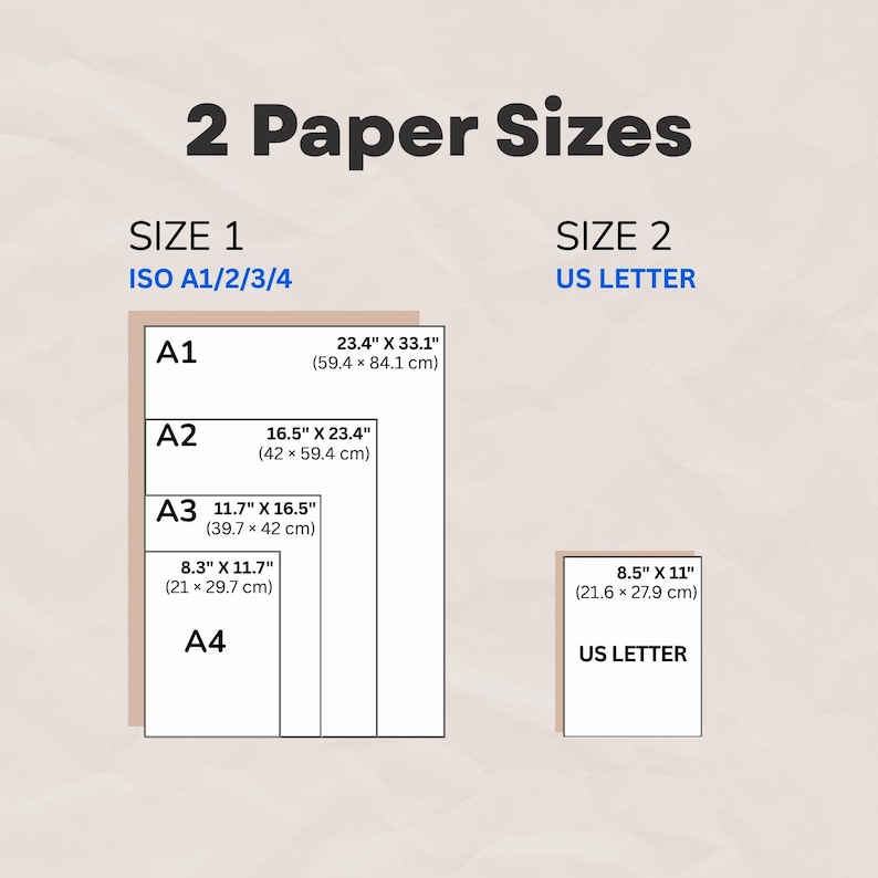 May include: An image showing two paper size options. Size 1 includes ISO A1/2/3/4 sizes, with A1 measuring 23.4" x 33.1". Size 2 is US Letter, measuring 8.5" x 11". The text "2 Paper Sizes" is at the top.