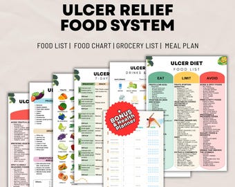 Ulcer Diet Food List Bundle Printable 6-in-1 PDF – Stomach Ulcer Diet & Meal Plan, Foods to Eat Avoid, Grocery List Chart