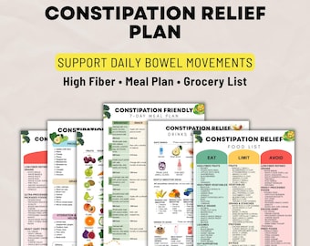 Plan para aliviar el estreñimiento (PDF, descarga instantánea), reinicio intestinal de 7 días, lista de alimentos ricos en fibra, apoyo digestivo, guía imprimible para facilitar la evacuación intestinal.