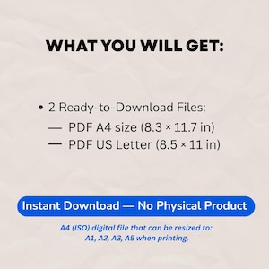 Puede incluir: Imagen con texto: "QU&Eacute; OBTENDR&Aacute;S:" seguido de una lista de archivos descargables, incluyendo PDF A4 (21,0 x 29,7 cm) y PDF US Letter (21,6 x 27,9 cm). La imagen tambi&eacute;n indica "Descarga instant&aacute;nea - Sin producto f&iacute;sico."