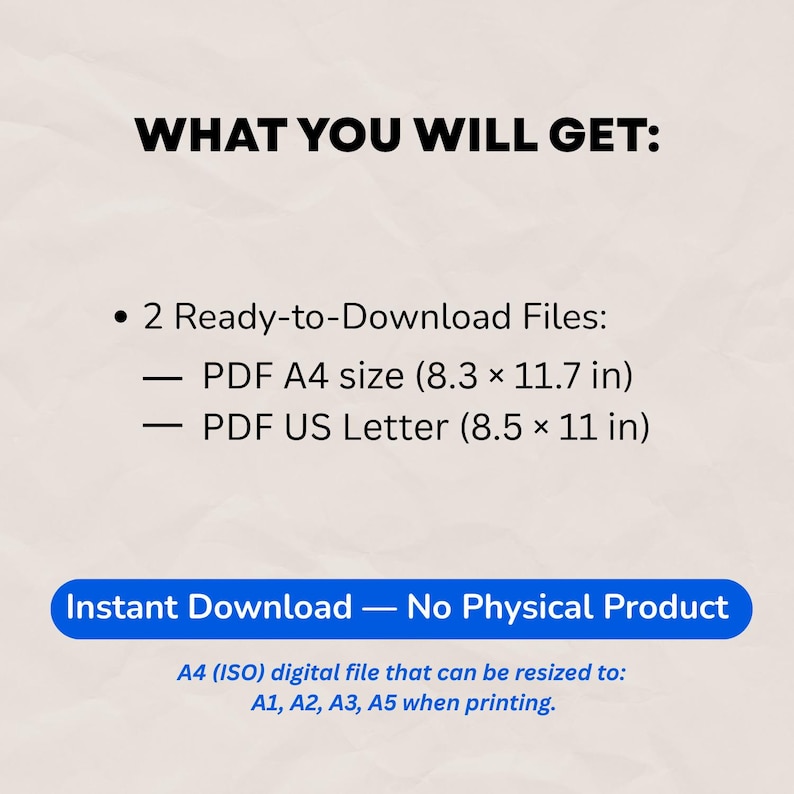 Puede incluir: Imagen con texto: "QU&Eacute; OBTENDR&Aacute;S:" seguido de una lista de archivos descargables, incluyendo PDF A4 (21,0 x 29,7 cm) y PDF US Letter (21,6 x 27,9 cm). La imagen tambi&eacute;n indica "Descarga instant&aacute;nea - Sin producto f&iacute;sico."