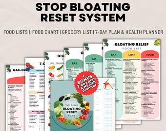 Bloating Food List Bundle Printable, Foods to Eat & Avoid for Bloating, Low Gas Diet, IBS Bloating Relief, 7 Day Meal Plan PDF