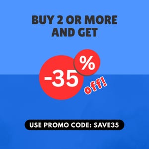 May include: A blue background with the text "BUY 2 OR MORE AND GET" in gray. Two red circles display "-35% off!" in white. The text "USE PROMO CODE: SAVE35" is in a black rectangle.