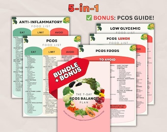 PCOS Food List Printable Bundle 5-in-1 + Bonus | Hormone Balance Foods & Blood Sugar Support, Insulin Resistance Diet | Eat Limit Avoid PDF