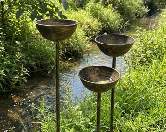 Rustic Bee Bath Cups Set of Three Metal Yard Art Garden Insect Drinker Gift