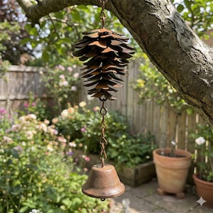 May include: A rustic, metal wind chime with a pinecone design hanging from a tree branch. The chime features a series of overlapping metal pieces, a chain, and a bell-shaped bottom. The color is a weathered brown.