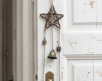 Brass Witch Bells Door Charm – Protection Amulet with Skeleton Key, Triquetra & Pagan Symbols