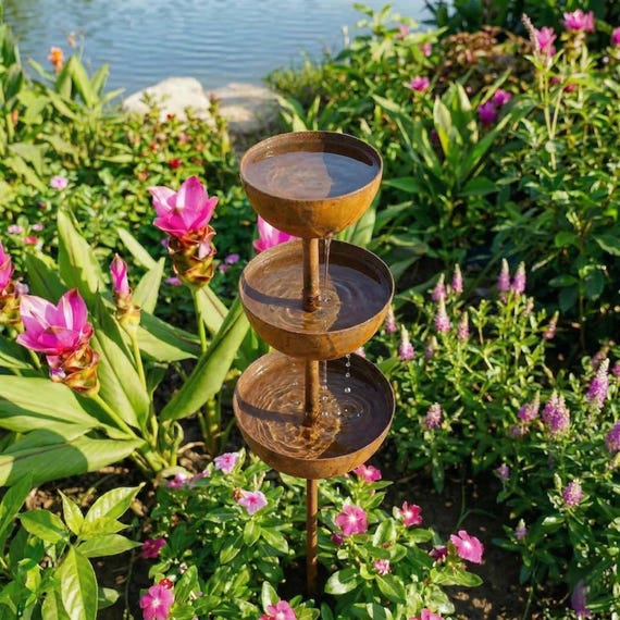 Rain Catcher Garden Stake 70cm Rust Patina Metal Bird Pollinator Water Dish Decor
