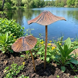 Pode incluir: Duas decorações de jardim de cogumelos de metal. As tampas dos cogumelos são castanhas com linhas castanhas escuras, e os caules são castanhos a condizer. As estacas são plantadas em terra escura, com um lago e vegetação ao fundo.