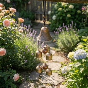 Può includere: Una campana eolica color bronzo appesa a un ramo di legno in un giardino. La campana eolica presenta una parte superiore a forma di campana con dettagli ornati, diverse campane più piccole e un pezzo inferiore a forma di moneta. Lo sfondo include fiori e un sentiero di pietra.