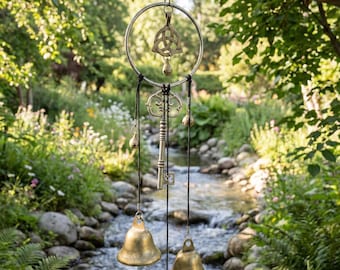 Witch Bells Door Protection Charm, Skeleton Key & Triquetra, Brass Wind Chime