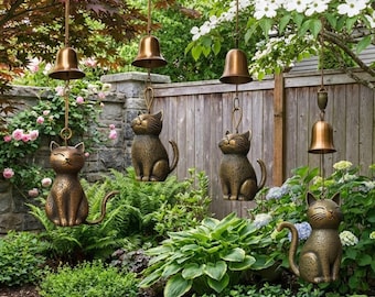 Carillón de viento de gato de bronce, decoración vintage de metal para jardín, adorno colgante de animal para exteriores.