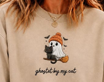 Halloween Cat, embroidered sweatshirt, Black Cat with Ghost Sweater, Spooky Season, Cat Mom Gift Cozy Fall Crewneck Pullover Hoodie