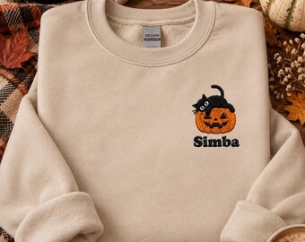 Embroidered Crewneck Sweatshirt, Spooky Season Sweater, Black Cat Halloween, Cat Pumpkin Hoodie Vintage, Cozy Cat Lover, Fall Cat Mom Gift
