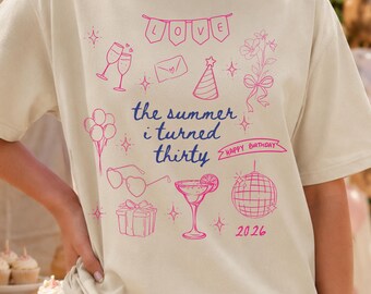 Summer Birthday Shirt Turning Thirty, 30th Birthday Beach Party, Cute Thirty and Thriving T-Shirt, Women’s Birthday Gift, Summer Holiday Tee