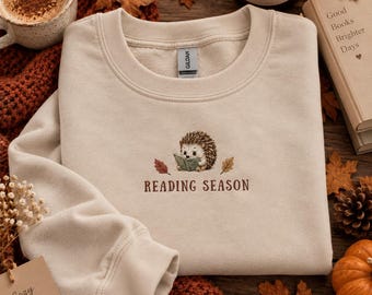 Reading Season Sweatshirt, Embroidered Book Lover Sweater, Cute Hedgehog Reading Crewneck, Cozy Fall Pullover, Gift for Book Lovers Librian