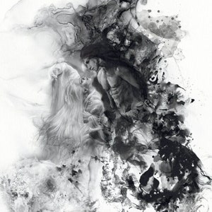 May include: A black and white abstract ink painting featuring two figures in an embrace. The artwork has a flowing, ethereal quality with dark, swirling ink patterns. The artist's name and website are printed at the bottom.