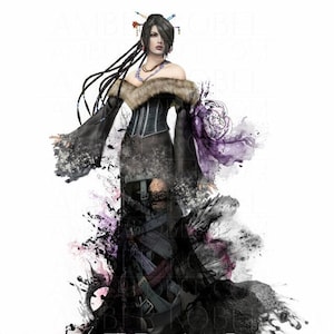 May include: A black and white digital illustration of a woman in a black dress with a fur collar and a purple flower. The background is a watercolor wash of black and purple.
