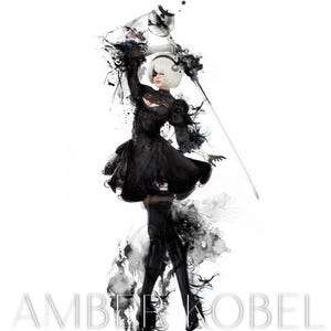 May include: Illustration of a character in a black dress, holding a sword, with a white bob and blindfold. The artwork has a watercolor style with black ink splatters and the text "AMBER KOBEL" and "AMBERKOBEL.COM".