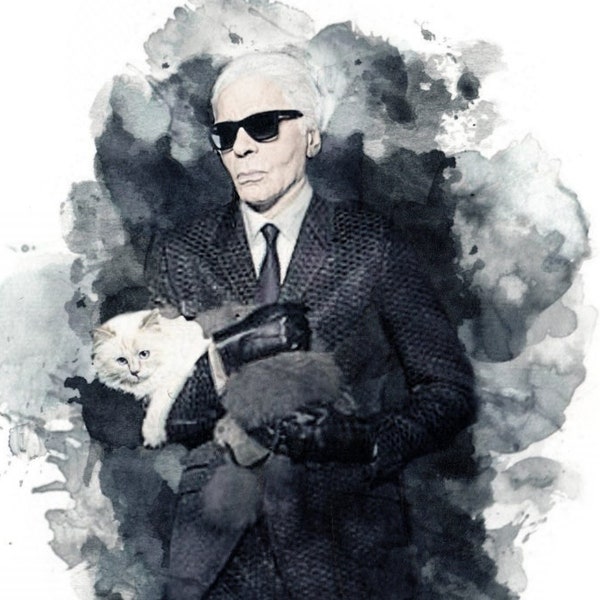 Karl Lagerfeld & Choupette - Watercolor Portrait - Chanel Fashion