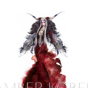 May include: A digital painting of a woman with horns, wearing a red dress and a black and white feathered cloak. The background is a watercolor wash of red and white.