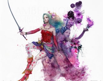 May include: A watercolor painting of two women, one with a sword and the other with a staff, surrounded by pink and purple flowers. The painting is on a white background and has the text "AMBER KOBEL" and "AMBERKOBEL.COM" at the bottom.
