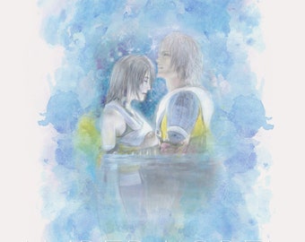 FFX Yuna & Tidus Love Scene in Macalania Woods - FF10 Final Fantasy 10 - Watercolor Painting