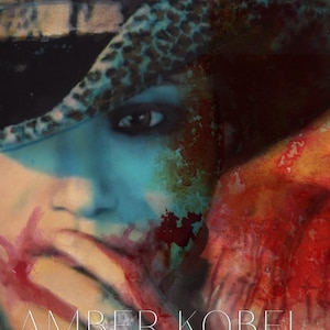 May include: A close-up of a woman's face with a leopard print hat. The image is abstract and features a watercolor effect with splashes of red, orange, and blue.