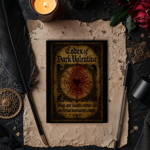 Könnte beinhalten: Ein gotisch gestaltetes Buchcover mit dem Titel "Codex of Dark Valentine". Es zeigt verzierte Ränder und ein zentrales Herzdesign. Der Einband hat eine gealterte, pergamentartige Textur und den Text "May our hearts endure like an eternal manuscript of night".