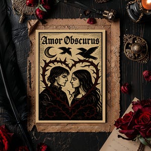 Puede incluir: Una impresión enmarcada con las palabras "Amor Obscurus" sobre una ilustración en blanco y negro de un hombre y una mujer mirándose dentro de un marco en forma de corazón de espinas. Dos cuervos y una luna creciente están encima de la pareja. La impresión está sobre papel texturizado.