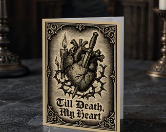 Gothic Valentine Printable Card 5x7 – Till Death My Heart Medieval Woodcut  Digital Download