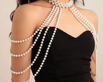 Collar nupcial de perlas hecho a mano: Capa de cuentas de cristal para mujer para fiestas