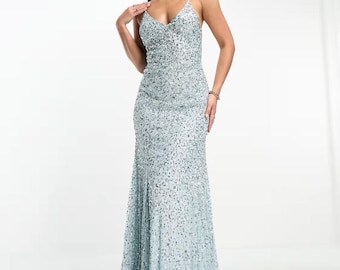 Sequin Embroidered Mermaid Gown, Floor-Length Bridal Dress, Formal Prom dress