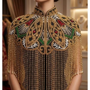 Antieke cape met gouden parels, kralenfranjes en pailletten, geschikt als avondcape of cover-up met schouderdetails.