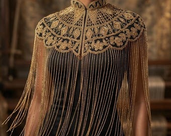 Capa nupcial de perlas doradas hecha a mano: Cubre hombros para bodas y eventos nocturnos.